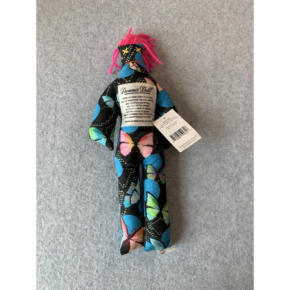 Dammit Doll Rag & Cloth Stress Doll, Butterfly Print, Pink Straight Yarn Hair